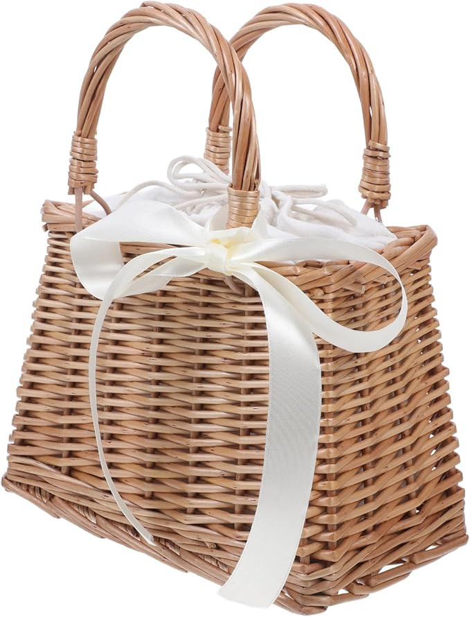 PRETYZOOM Rattan Woven Small Bag Decorative Flower Basket with White Ribbon, 11.02 X 8.66 X 4.72 ... | Amazon (US)