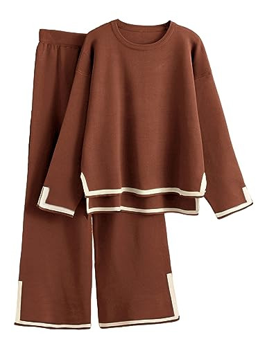 Faleave Women's Knit 2 Piece Outfits Long Sleeve Sweater Pullover Tops Wide Leg Pants Tracksuits Lounge Set(Rust-XS) | Amazon (US)