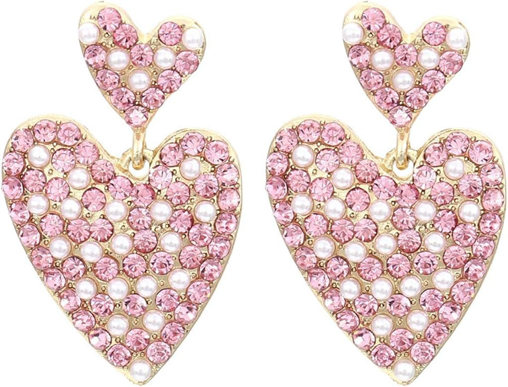 Colorful Valentine's Day Heart Shape Love Earrings Shining Rhinestone Pearl Beaded Earrings for W... | Amazon (US)