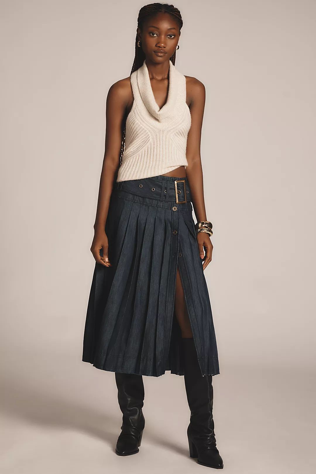 Pilcro Low-Slung Pleated Midi Skirt | Anthropologie (US)