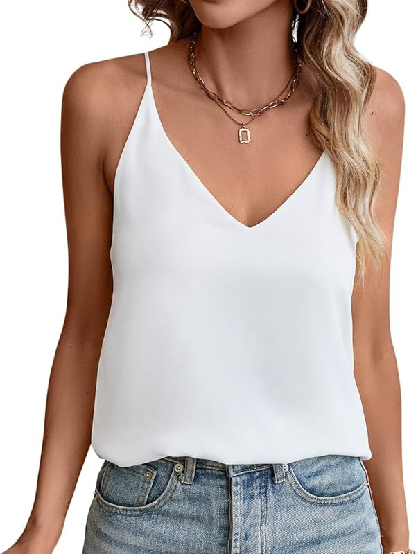 Evera B Women's Camisole V Neck Chiffon Tank Top Cami w/Adjustable Straps | Basic Sleeveless Top, Ca | Amazon (US)