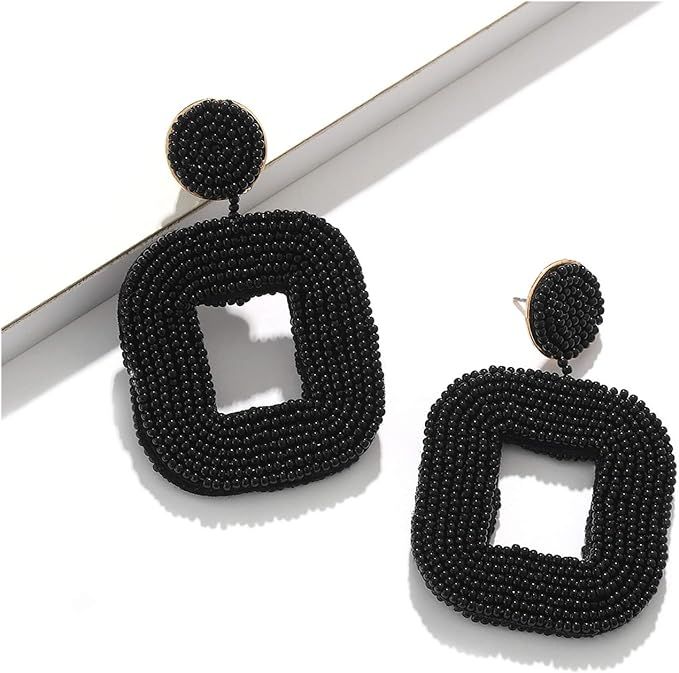 Boderier Beaded Drop Earrings Bohemian Wire Wrapped Beaded Square Hoop Dangle Statement Earrings | Amazon (US)