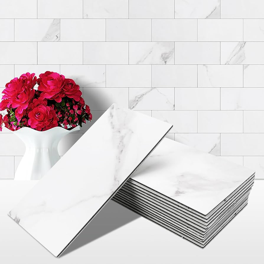 STICKGOO 100-Pieces Peel and Stick Backsplash, 3" x 6" PVC Wall Tile, Marble White Stick on Backs... | Amazon (US)