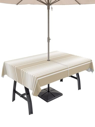 Pinroote Outdoor Tablecloth with Umbrella Hole, Beige Striped 52x70 Tablecloths Rectangular, Beige Ombre Farmhouse Stripes Waterproof Table Cloth, Dining Table Cover for Patio/Party/Picnic | Amazon (US)