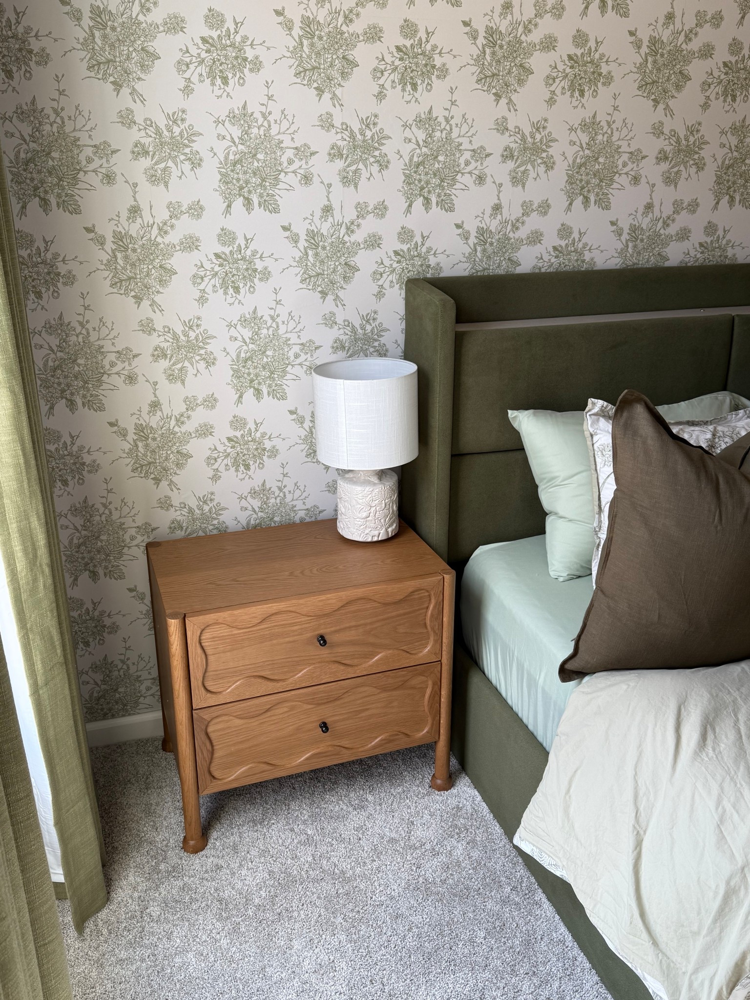 Cozy bedroom decor. Lulu & Georgia bedroom furniture. Green bedroom home decor, amazon bed frame. Amazon bedding. Bedroom home decor, bedroom wallpaper 

#LTKHome #LTKStyleTip