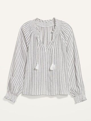 Puff-Sleeve Striped Linen-Blend Smocked Poet Blouse for Women | Old Navy (US)