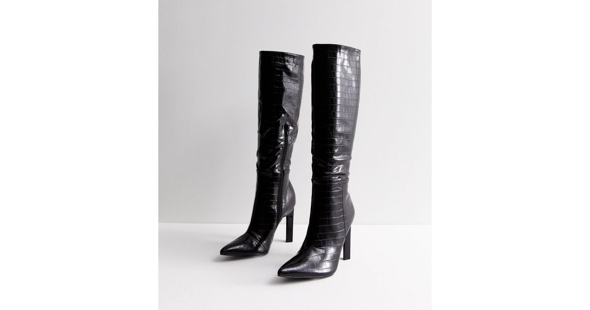 Public Desire Black Leather-Look Knee High Heeled Boots
						
						Add to Saved Items
						Rem... | New Look (UK)