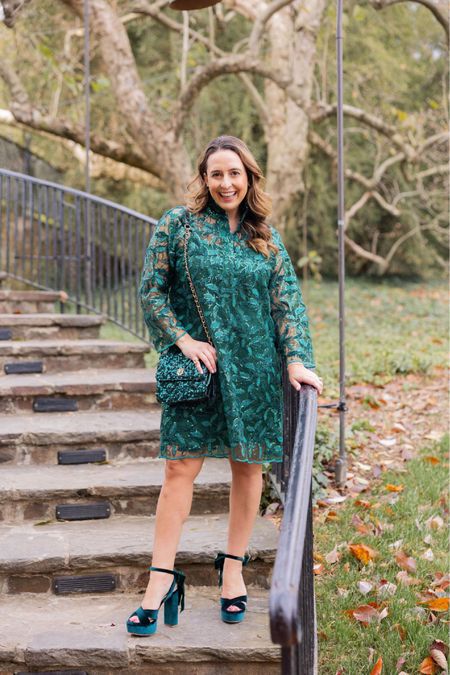 You need this beautiful dress for your holiday parties! Made with stunning lace and sequin details in the prettiest shade of holiday green  
