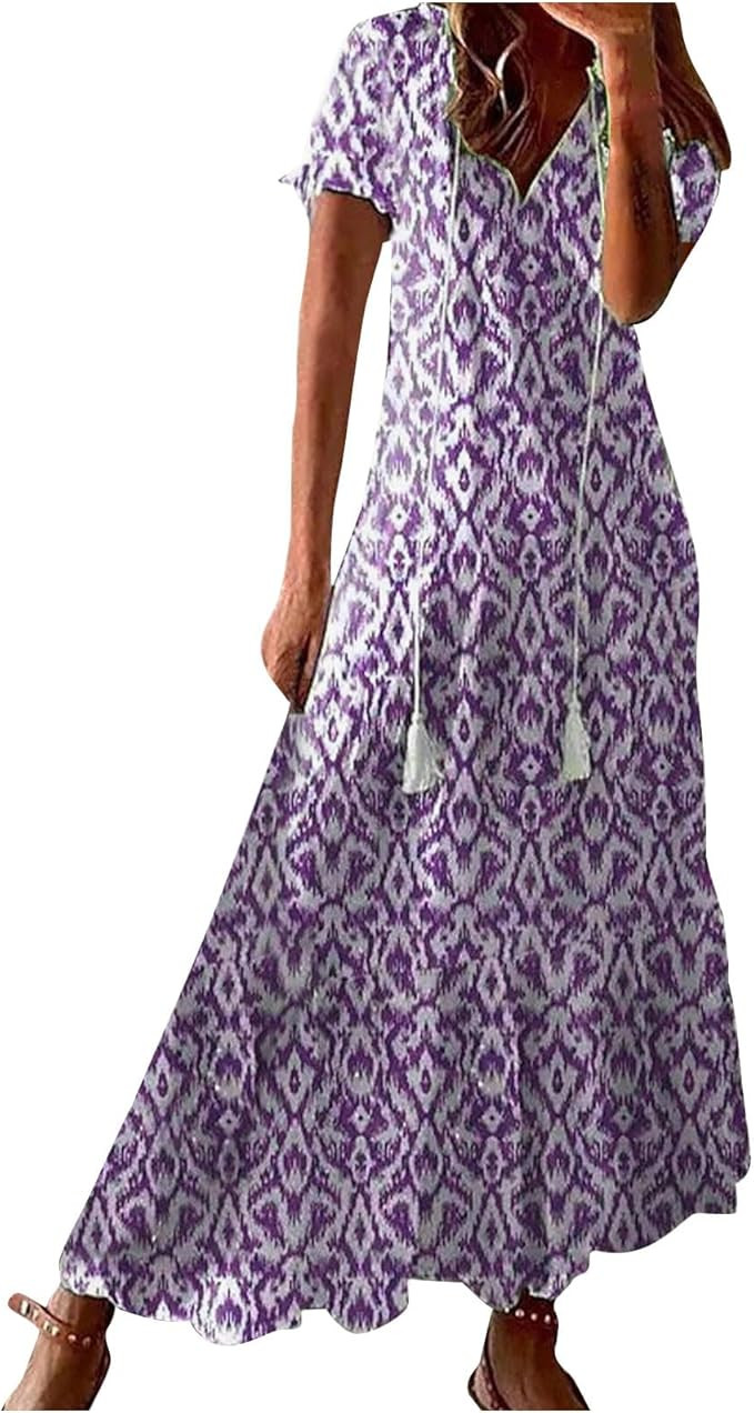 Women Boho Drawstring Maxi Dress Casual Floral Print Long Dresses Short Sleeve V-Neck Tee Dress L... | Amazon (CA)