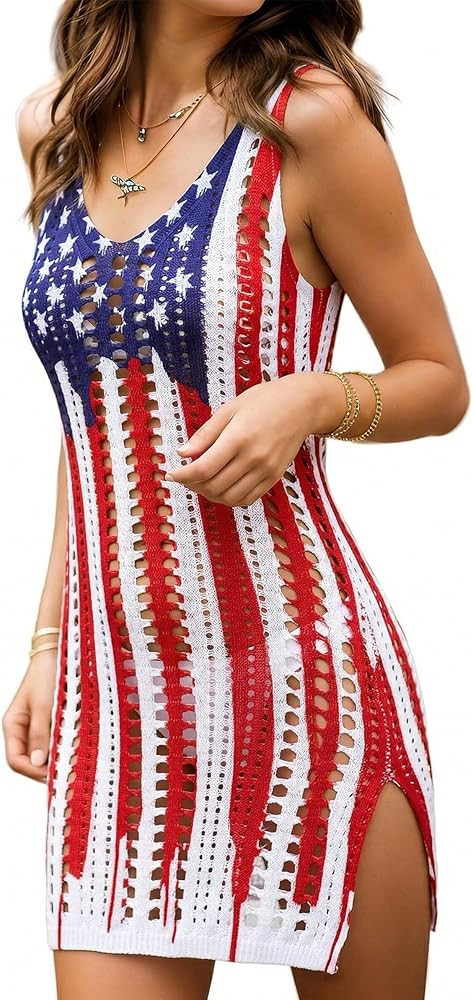 KIDDAD American Flag Swimsuits Coverup for Women Crochet Bathing Suit Cover Ups 4th of July Beach... | Amazon (US)