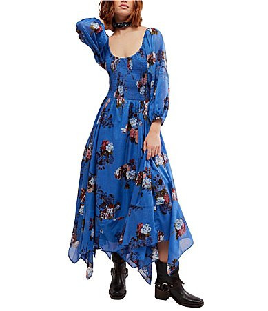 Free People Morning Glory Floral Print Scoop Neck Long Sleeve Smocked Maxi Dress - L | Dillard's