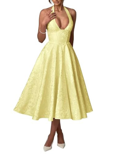 Bedlover Elegant Satin Embroidery Prom Dresses with Pockets 2025 Yellow Tea Length Halter V Neck A-line Midi Formal Evening Party Gowns for Women US0 | Amazon (US)