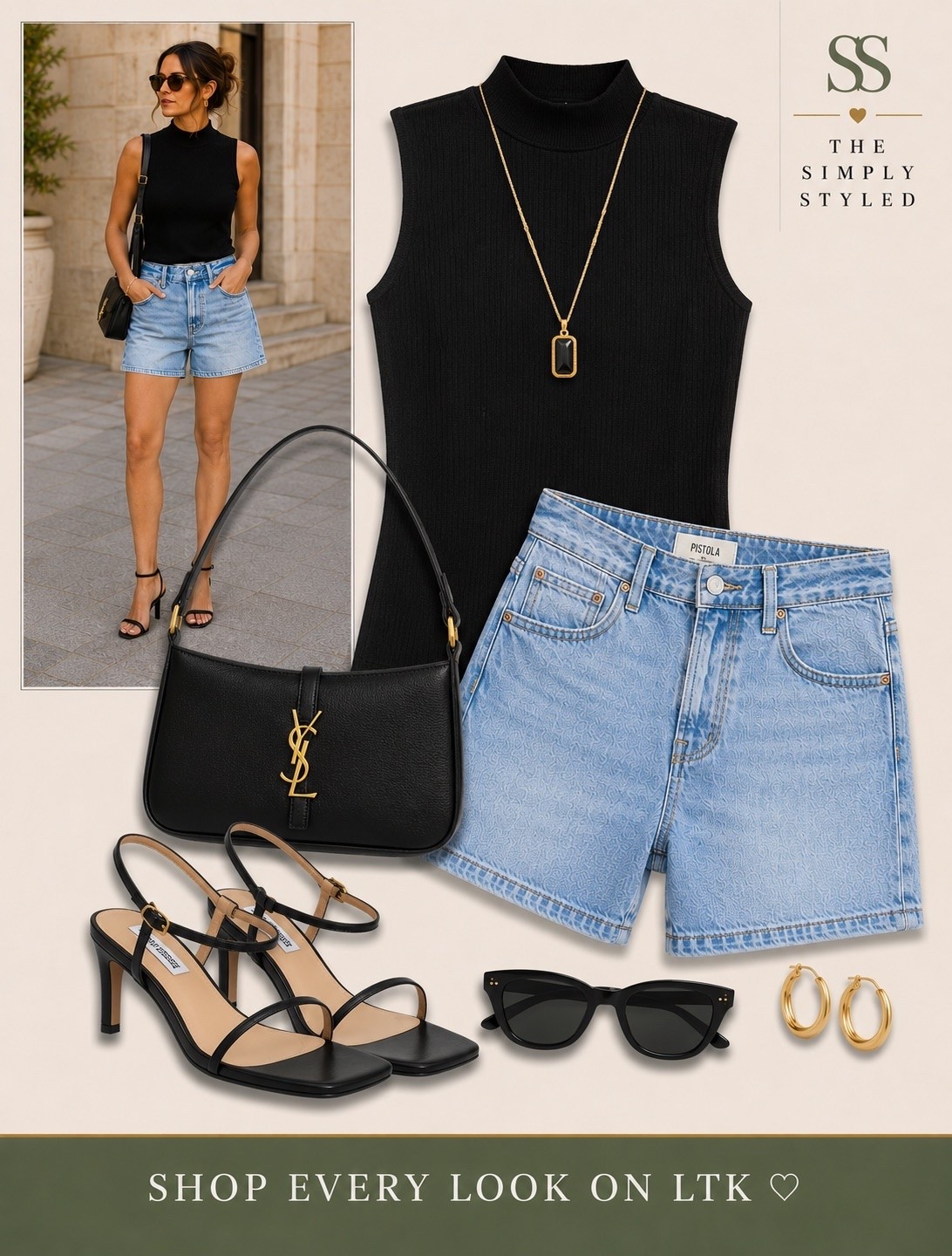 The easiest way to elevate denim shorts? Add black. ✨

Featuring a sleeveless black mock neck top, light wash denim shorts, strappy black heels, a structured shoulder bag, and gold accessories for a polished summer look that works from lunch dates to dinner plans.

Keywords: black sleeveless top, denim shorts outfit, elevated casual style, chic summer outfit, date night look, capsule wardrobe, black heels, effortless fashion, modern classic style.

Shop the complete look on LTK ♡

#LTKootd