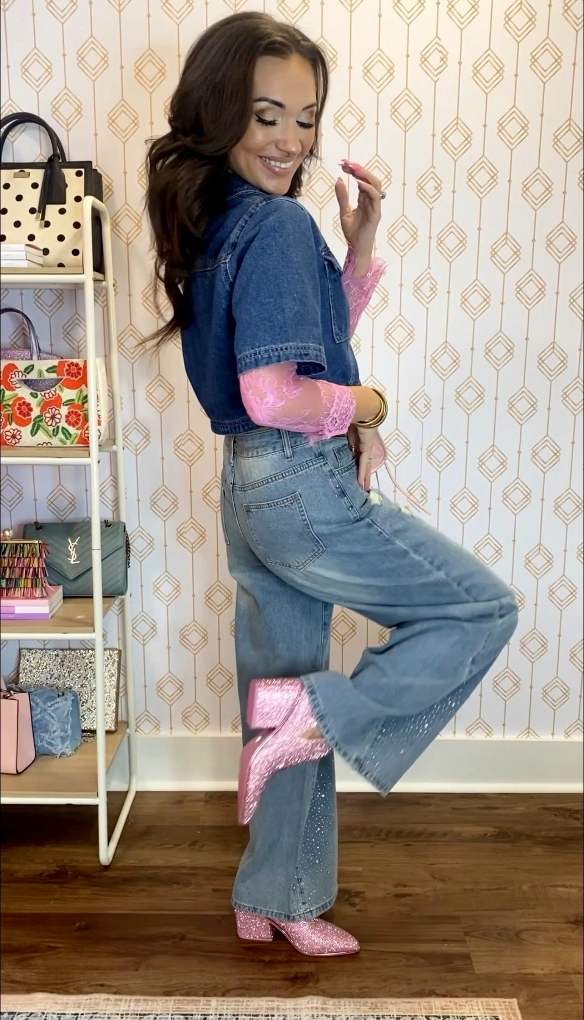 Here for a denim on denim moment, especially trying out these new jeans! The fit is amazing. 🤩 Paired with a few pink favorites. Rounding up a few budget options for my sparkly boots, plus all the colors for my mini bag & top! 

- denim on denim 
- sparkly jeans 
- pink boots
- lace top 
- western wear 



#LTKootd #LTKFestival #LTKSaleAlert