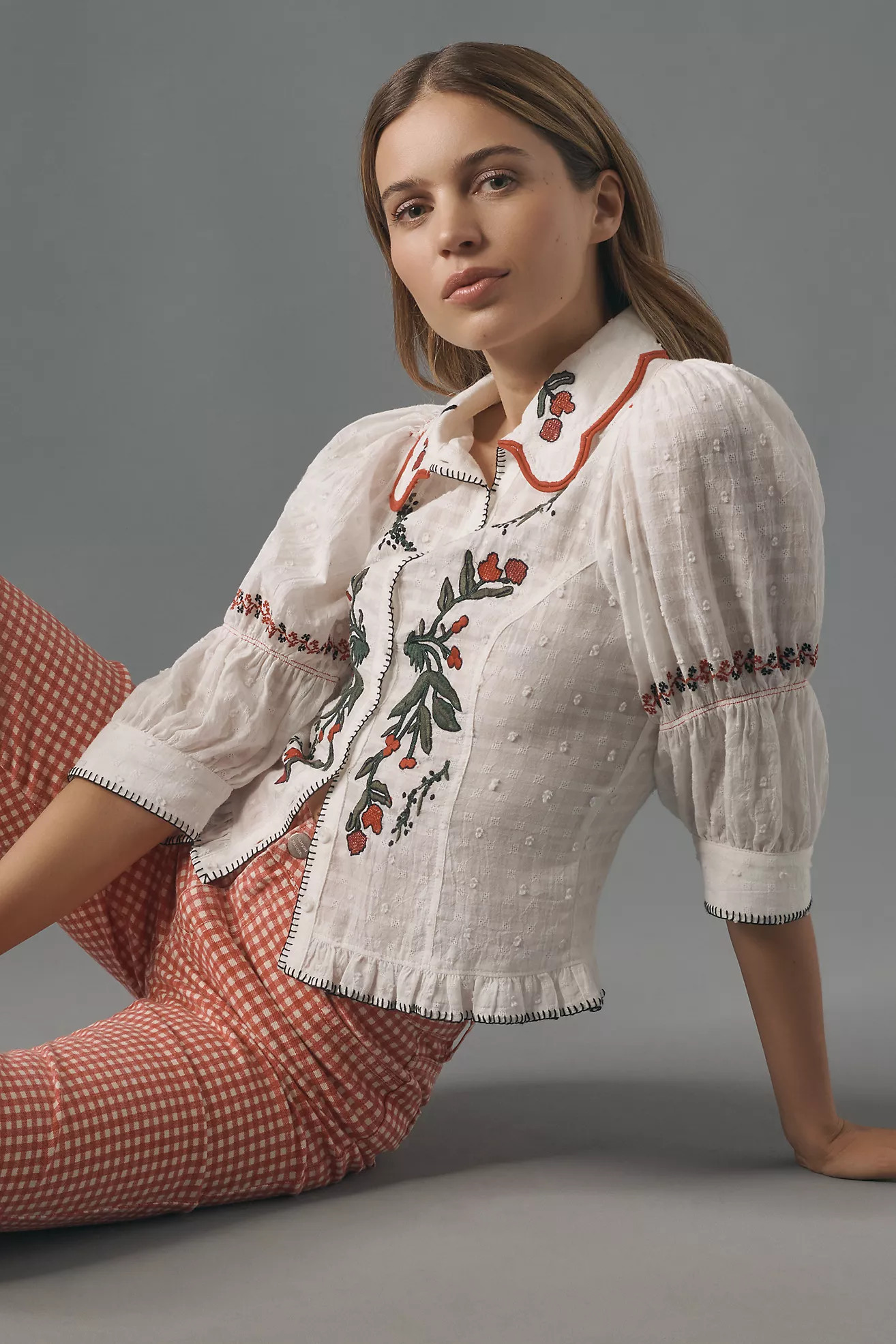 Pilcro Puff-Sleeve Embroidered Collared Blouse | Anthropologie (US)