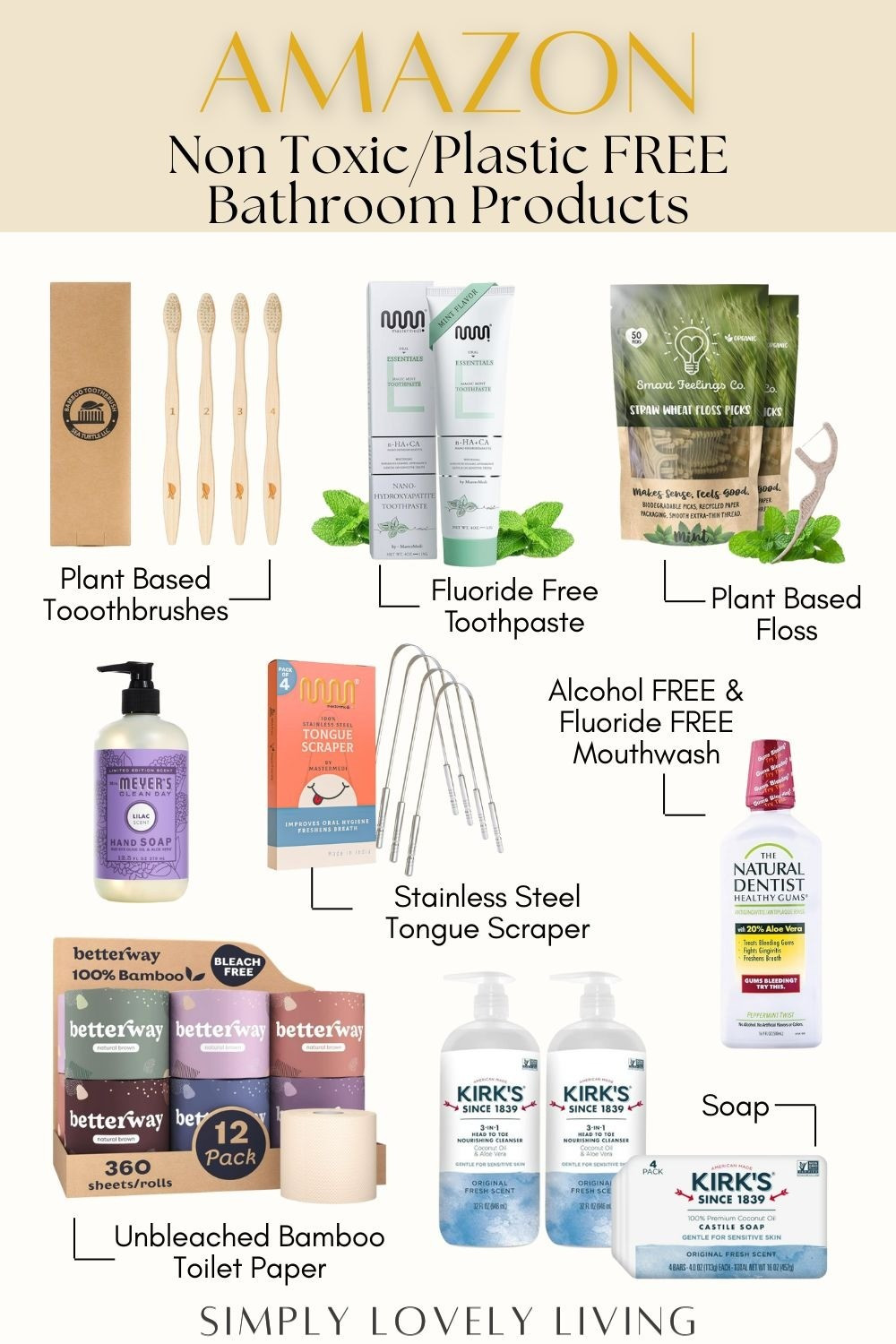 Amazon Non Toxic bathroom products. Plastic free bathroom products. Plant based toothbrushes. Fluoride free toothpaste. Plant based floss. Non Toxic hand soap. Stainless steel tongue scraper. Alcohol and fluoride free mouthwash! Unbleached bamboo toilet paper. Non toxic soap and body wash. #nontoxic #crunchymom

#LTKHome #LTKFindsUnder50 #LTKselfcare