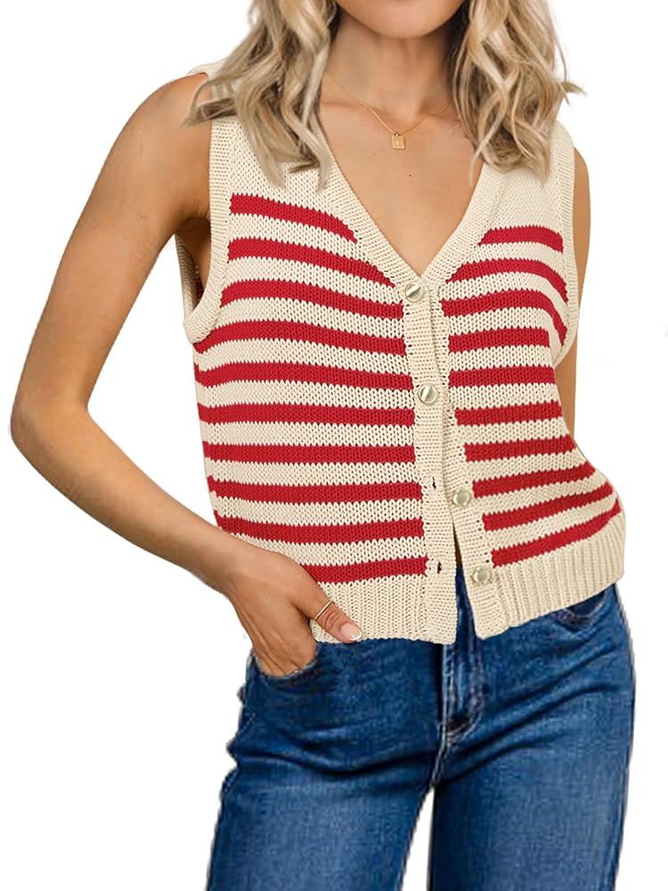 Womens Striped Sweater Vest Sleeveless Ribbed Tank Tops Color Block 2025 Trendy Button Down Shirt... | Amazon (US)