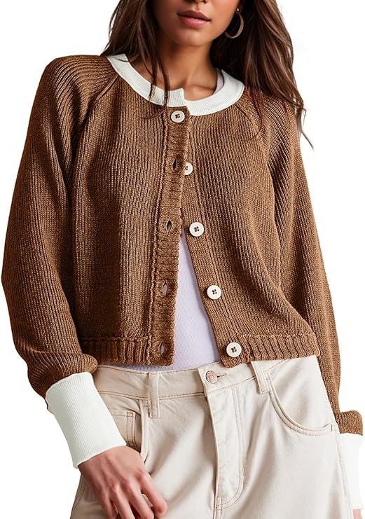 UNCLECAT Color Block Cropped Cardigan Sweaters | Amazon (US)