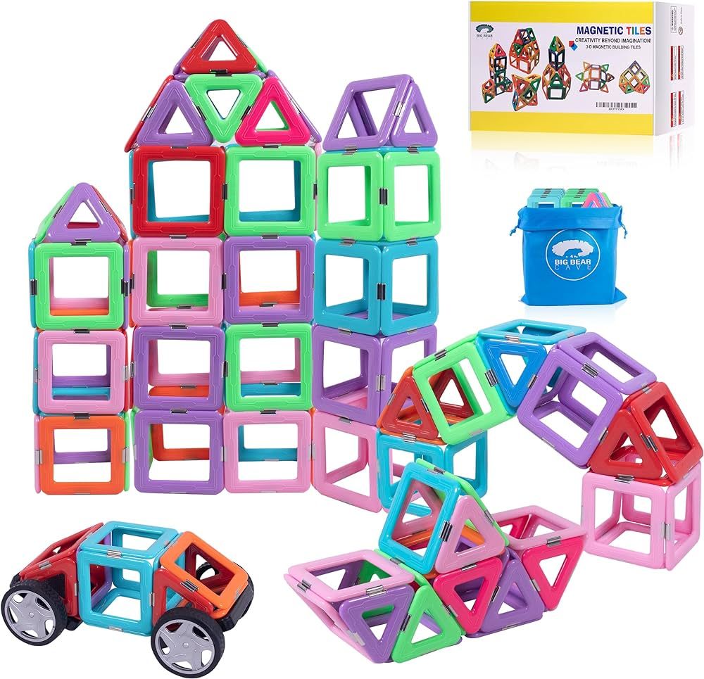 Big Bear Cave 64 pcs Magnetic Blocks Building Tiles for Kids with 2 Cars & Storage Bag- Magnet Ti... | Amazon (US)