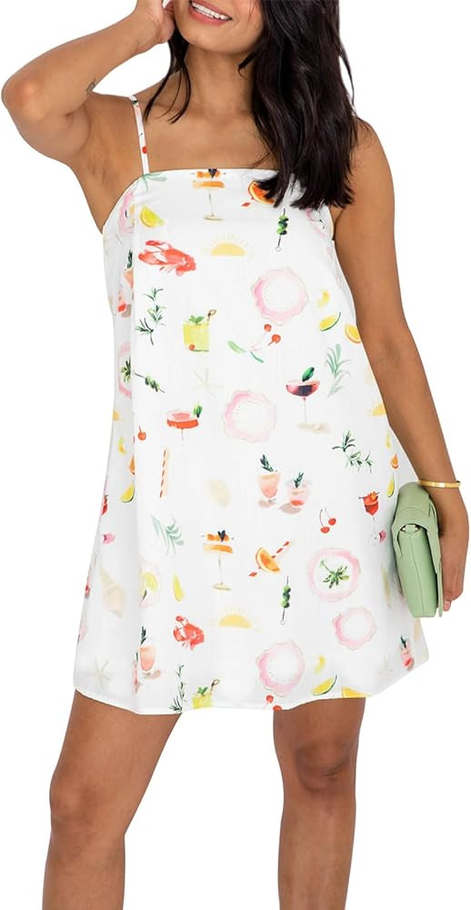 Muineobuka Women Boho Graffiti Cami Mini Dress Spaghetti Strap Colorful Flowy Seashell Fish Print... | Amazon (US)