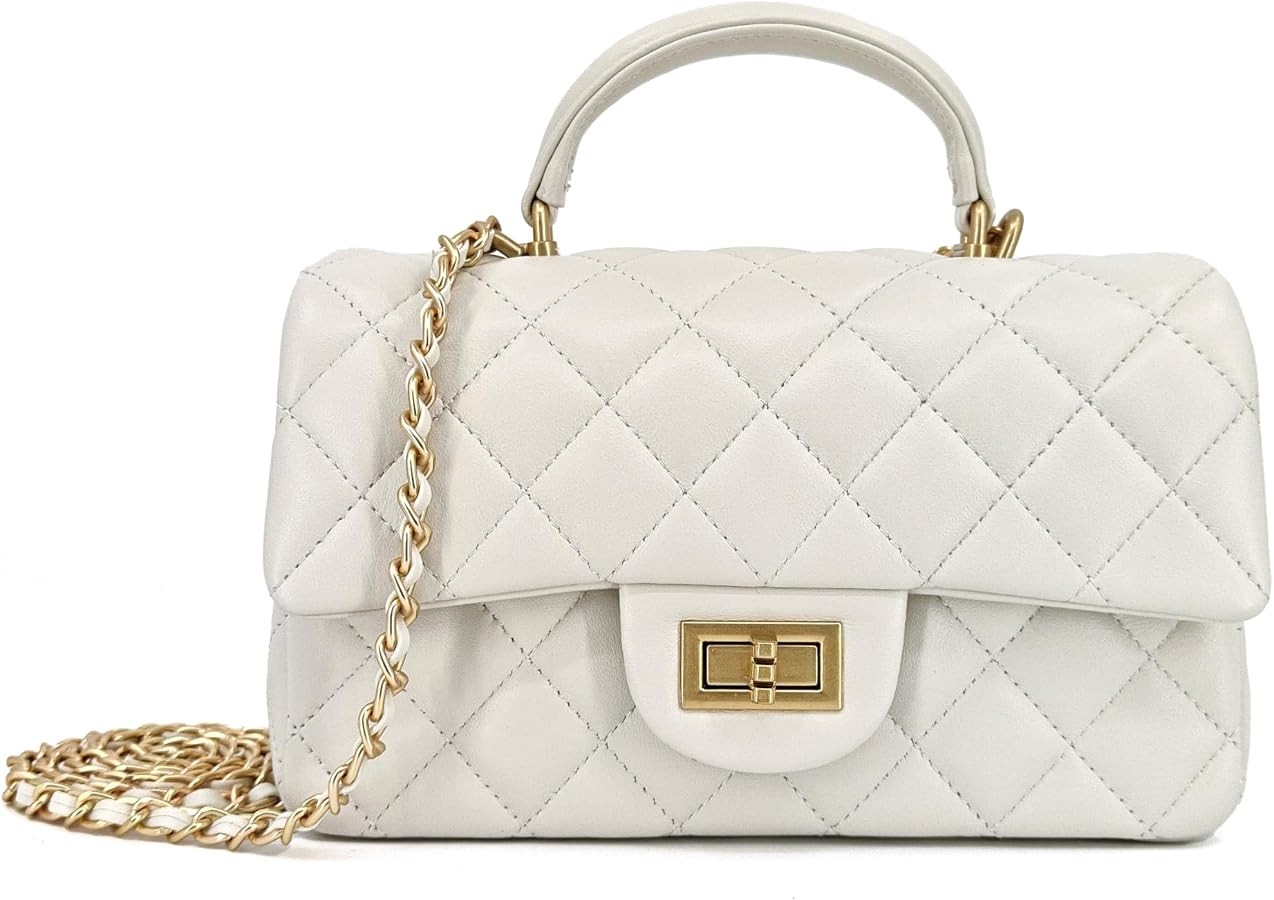 Small Quilted Crossbody Bags for Women, Genuine Leather Shoulder Bag w/Gold Chain Strap, Soft Min... | Amazon (US)
