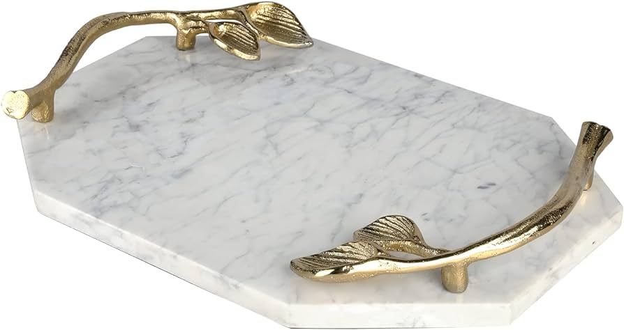 MyGift Handcrafted Genuine Natural White Marble Serving Tray with Brass Tone Leaf Design Handles,... | Amazon (US)