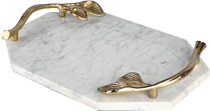 MyGift Handcrafted Genuine Natural White Marble Serving Tray with Brass Tone Leaf Design Handles,... | Amazon (US)