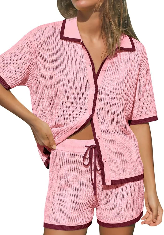 Cicy Bell Womens 2 Piece Short Sets Summer Short Sleeve Collared Tops Beach Vacation Cover Up Cro... | Amazon (US)