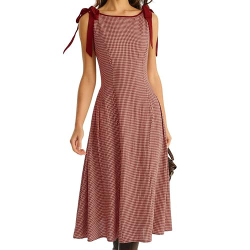 RIHOAS Women's Plaid Boat Neck A-Line Midi Dress - Casual Vintage Plaid Dress for Women, Flattering Fit for Daily Wear & Weekend Outings Red | Amazon (US)