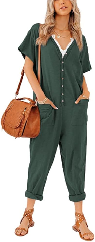 Aoysky Oversize Women's Onesies Button Up Jumpsuit Casual Loose Short Sleeve V Neck Onesies Rompers  | Amazon (US)
