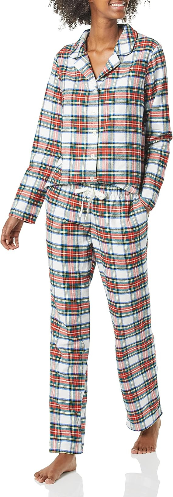 Amazon Essentials Womens Flannel Long-Sleeve Button Front Shirt and Pant Pajama Set | Amazon (US)