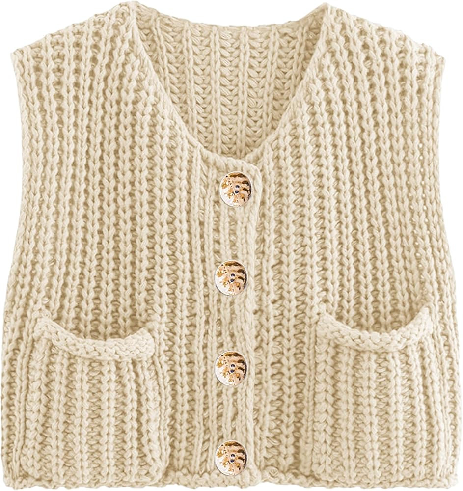 Womens Summer Crop Knit Sweater Vest Sleeveless Button Down Chunky Knit Vest Cardigan with Pocket... | Amazon (US)