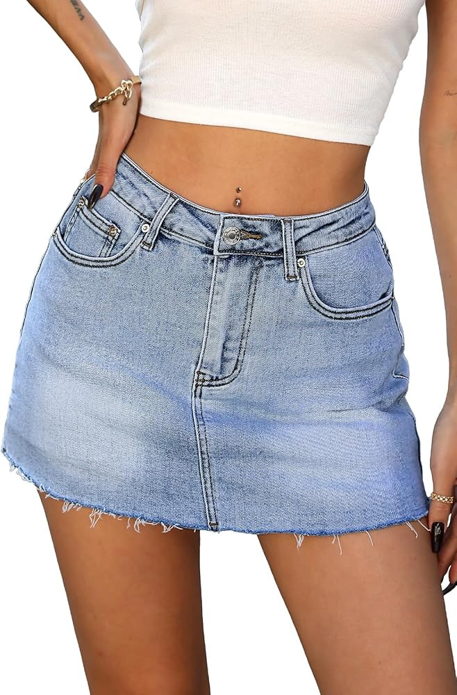 ELLEVEN Denim Skirt with Shorts Mini Skort - Casual Jean Skirts with Raw Hem & Pockets | Amazon (US)