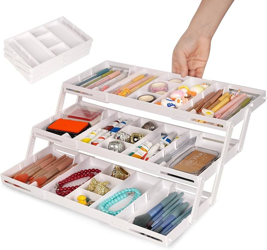 3 Tier Drawer Organizer - Expandable Junk Drawer Organizer Smart Office Supply Organizer, Folding... | Amazon (US)