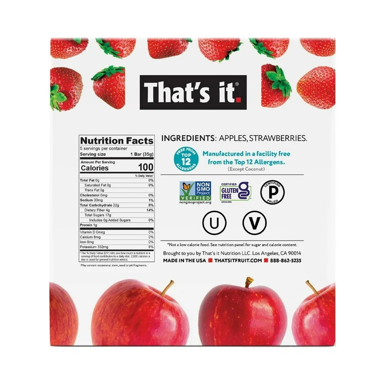 That's it. 100% Natural Gluten-Free Soft & Chewy Apple + Strawberry Fruit Bars, 1.2 oz , 5 Count ... | Walmart (US)