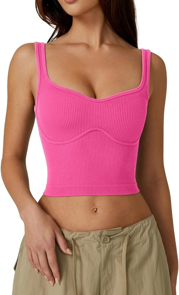 QINSEN Womens Sleeveless Cropped Rib Knit Seamless Sweetheart Neckline Going Out Tank Tops | Amazon (US)
