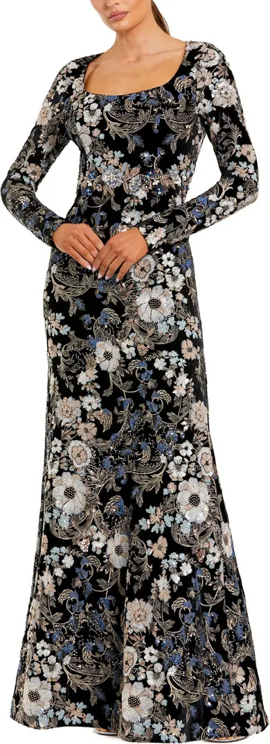 Embroidered Velvet Long Sleeve Scoop Neck Gown | Nordstrom