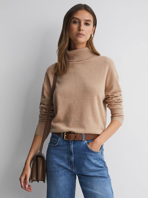 Reiss Camel Alexis Wool Blend Roll Neck Jumper | Reiss UK