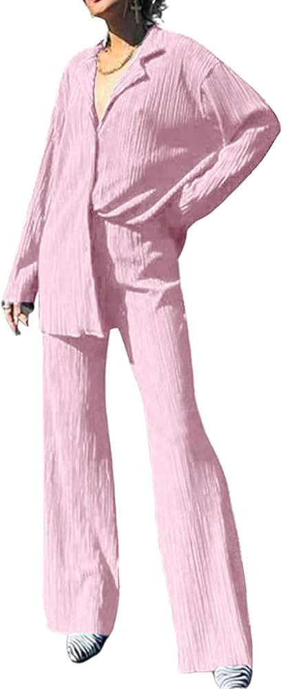 Womens Casual 2 Piece Outfits - Long Sleeve Button Blouse Top Wide Leg Loose Streetwear Loungewear | Amazon (US)