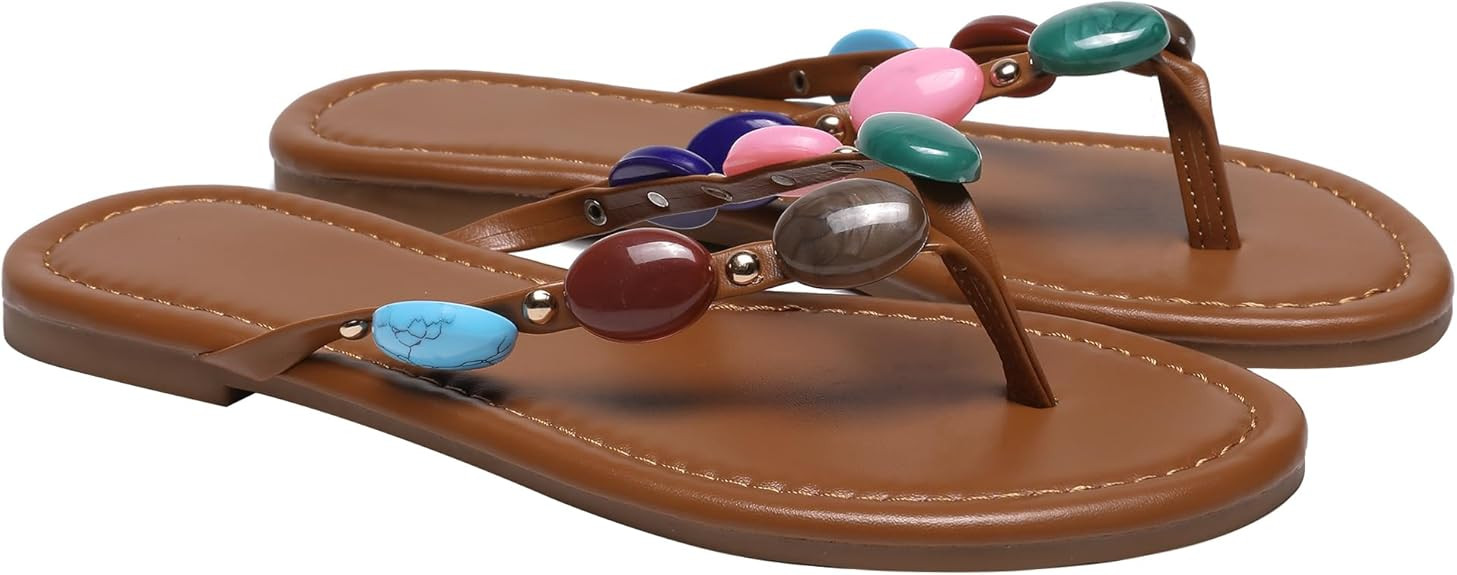 Women Jewelled Thong Strap Open Round Toe Flip Flops Comfy Slip on Flats Sandals Casual Summer Be... | Amazon (US)