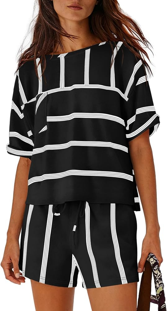 Nirovien Womens Striped Lounge Set 2 Piece Vacation Outfits Short Sleeve Tops and Drawstring Shor... | Amazon (US)