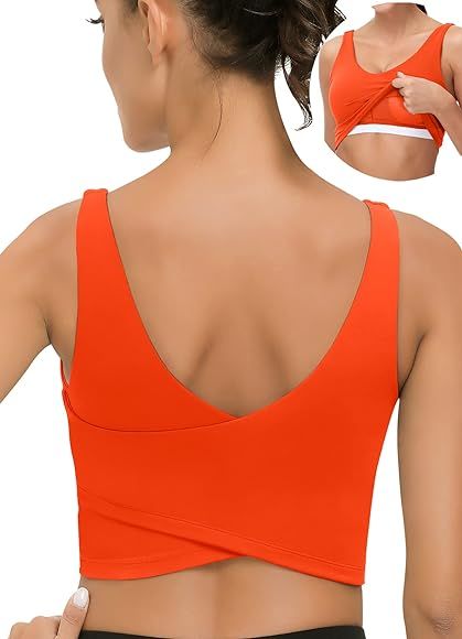 V Neck Built in Bra Longline Sports Bras for Women Padded Medium Support Workout Crop Tops for Ru... | Amazon (US)