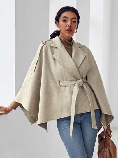 SHEIN Notched Collar Self Belted Cape Coat | SHEIN