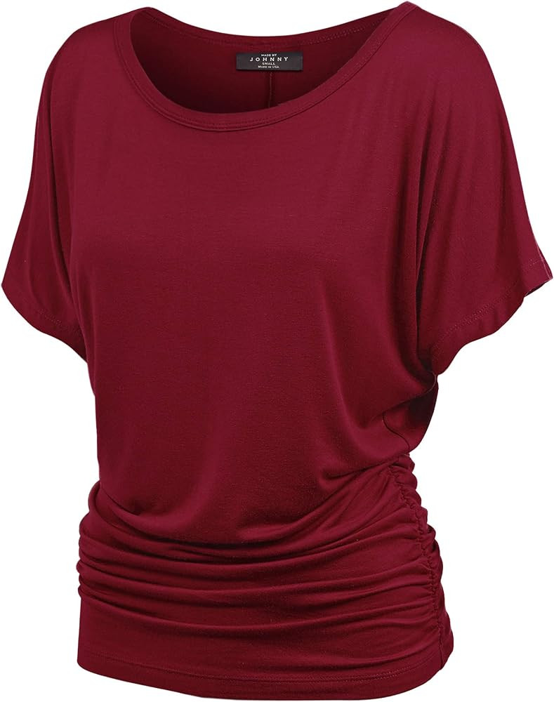 Made by Johnny Women's Solid Short Sleeve Boat Neck V Neck Dolman Top with Side Shirring-Made in ... | Amazon (US)