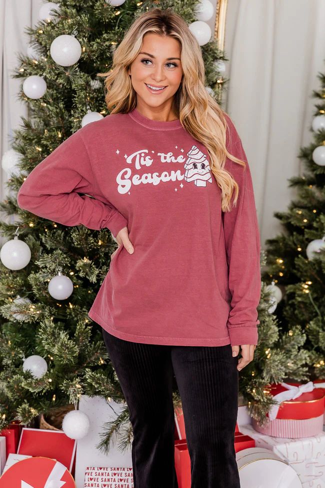 Tis The Season Christmas Cake Red Long Sleeve Graphic Tee | Pink Lily