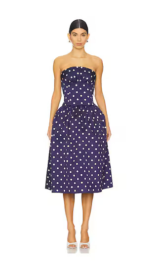 Polka Dot Satin Midi Dress in Navy | Revolve Clothing (Global)