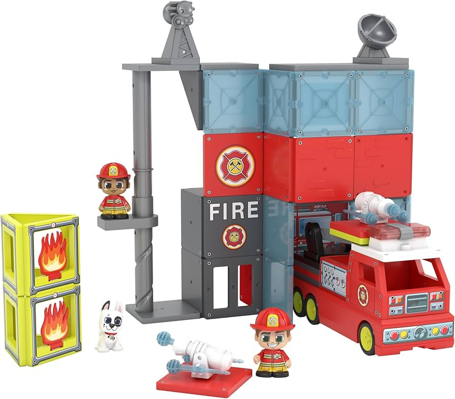 Tile Town Fire Station + Firetruck Magnetic Tiles Building Playset & Vehicle w/ Lights & Sounds +... | Amazon (US)