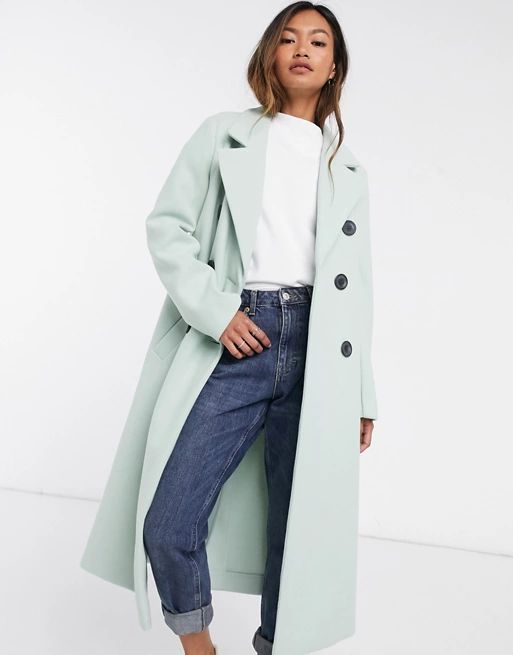 River Island puff sleeve belted coat in pistachio green | ASOS (Global)