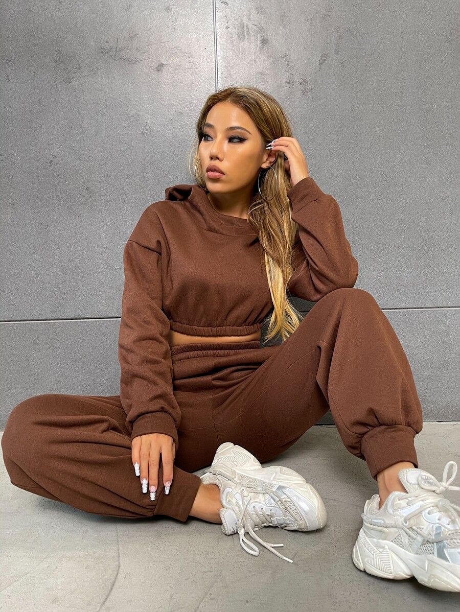 Drop Shoulder Crop Hoodie & Sweatpants | SHEIN