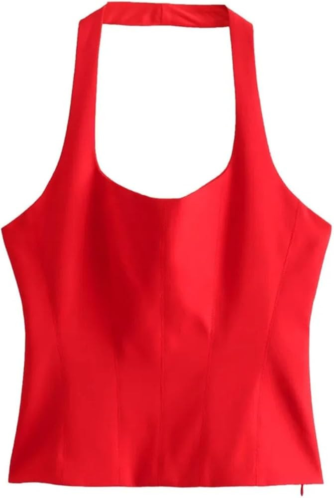 Women Low Collar Halter Crop Sleeveless Backless Zipper Side Slim Camis Sexy Top | Amazon (US)